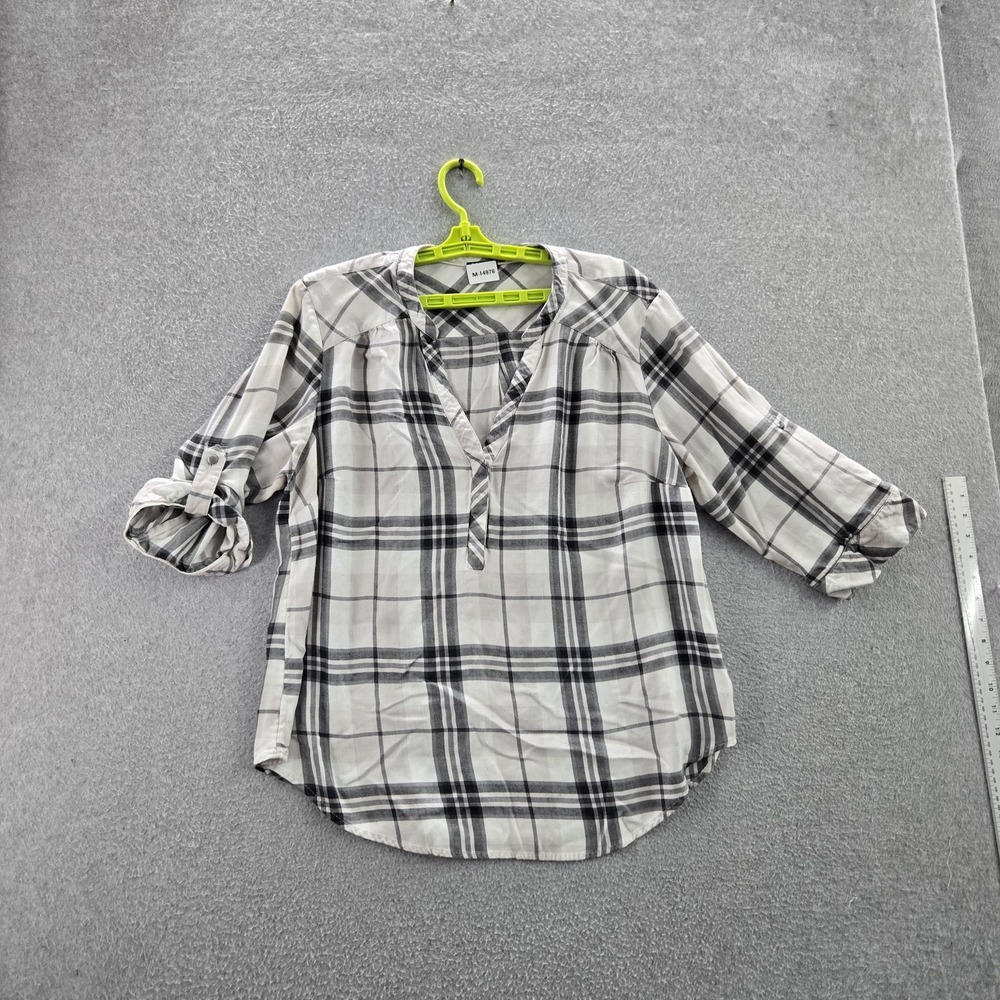 Torrid Women Button Up Shirt 1 Gray Plaid V-Neck Front Popover Rolled Tab Sleeve